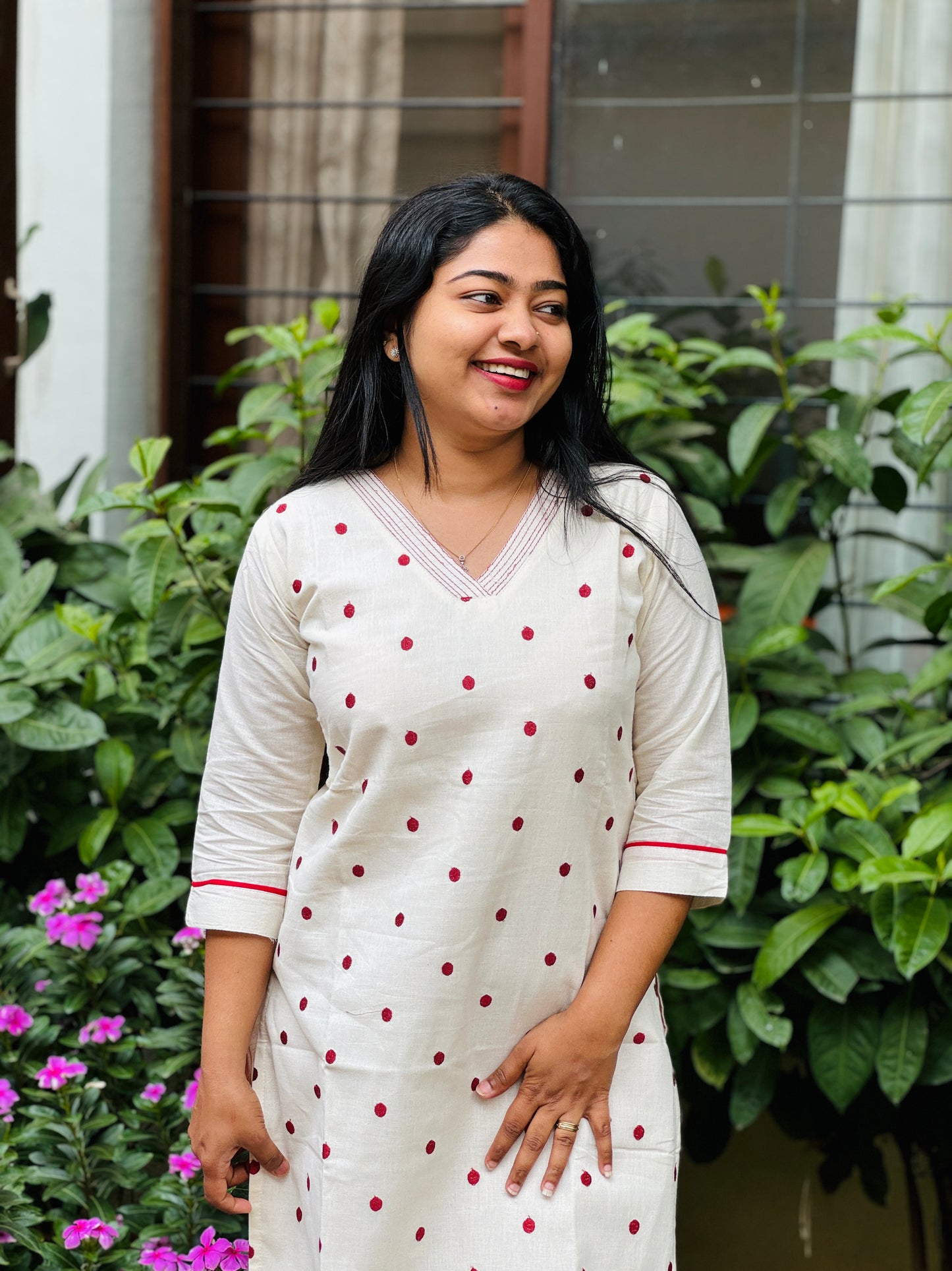 Off white Jute Cotton Kurta Top with red polka dots-A1314