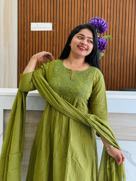 Olive green & Brown Chikankari 3 piece Salwar