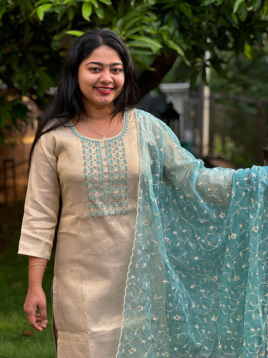 Tissue Silk 3 Piece Salwar Suit with intricate thread work- A1320