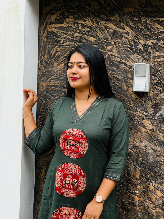 Bottle green  Khadi Cotton Cord Set with Ajrak Detailing