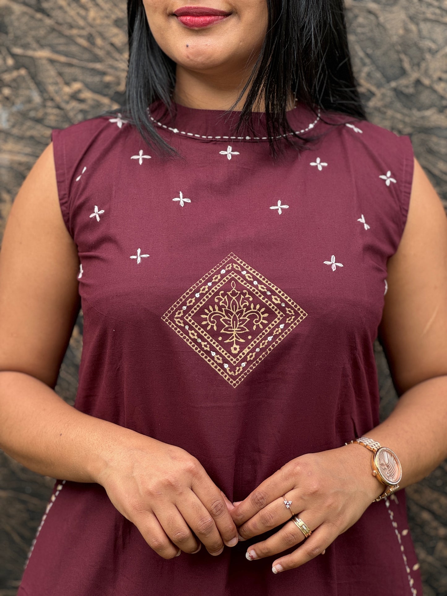 Cotton Sleeveless Cordset Brick Red & Wine 3/4 Sleev Attached - A- 1496