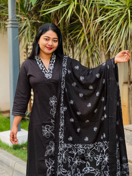 Black Soft cotton 3 Piece Salwar Suit with intricate thread work- A1311