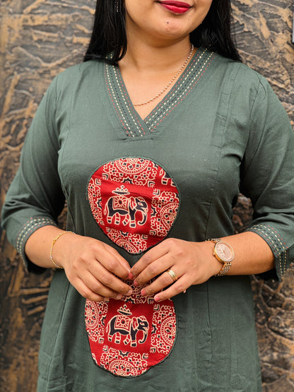Bottle green  Khadi Cotton Cord Set with Ajrak Detailing