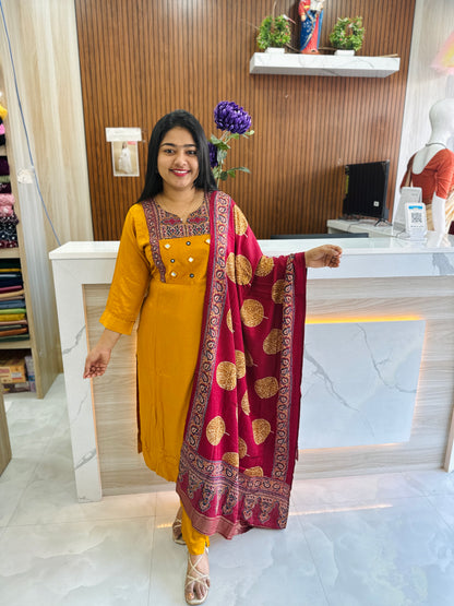 Premium Modal Silk three piece set Yellow & Red  Combo. A1685