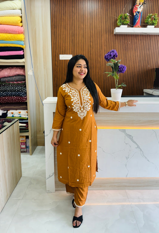 Brown & Rust Mustard Chikankari Cordset A1674