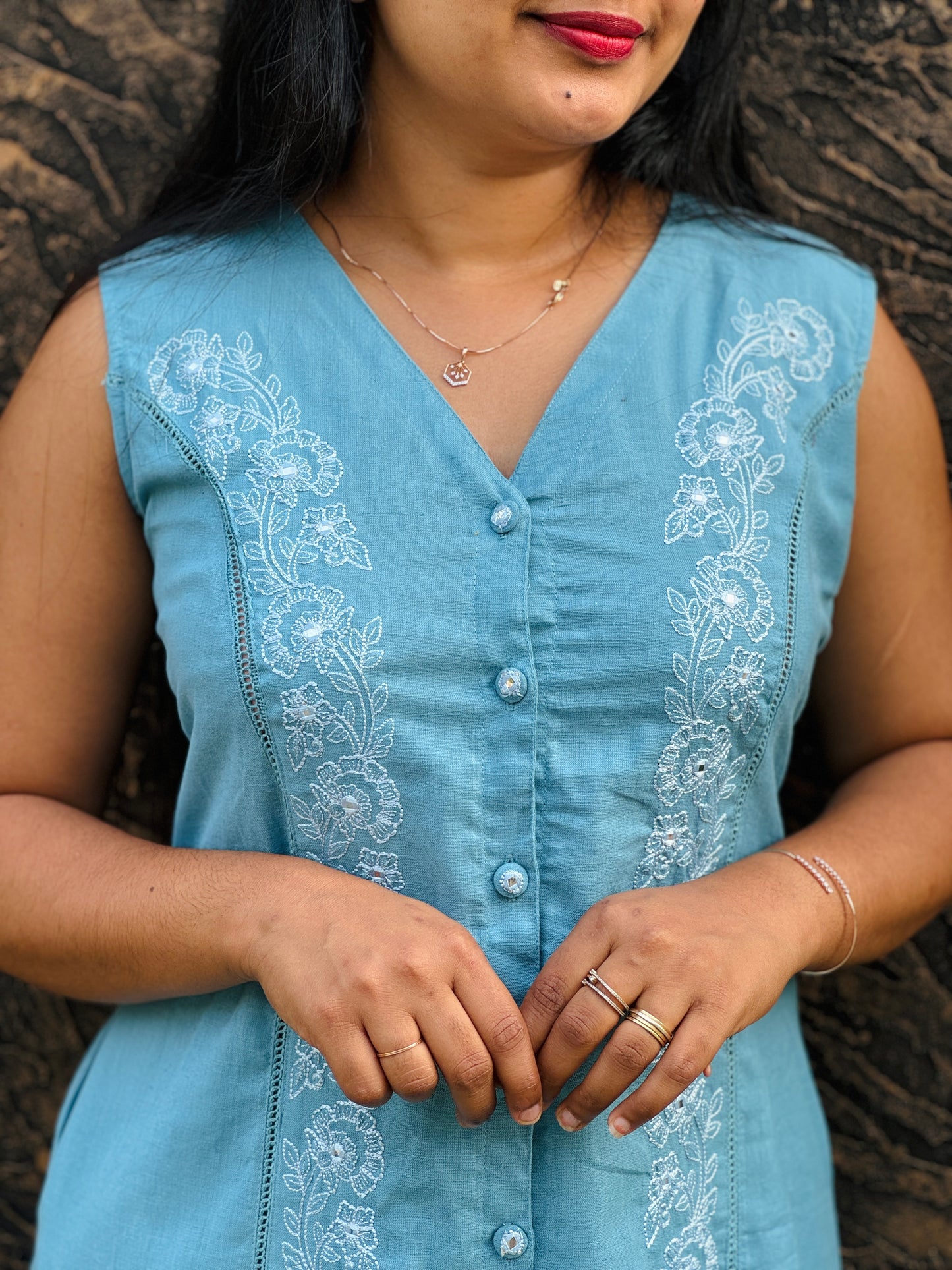 Khadi Cotton Cord Set – Brick Red & Sky Blue- A1386