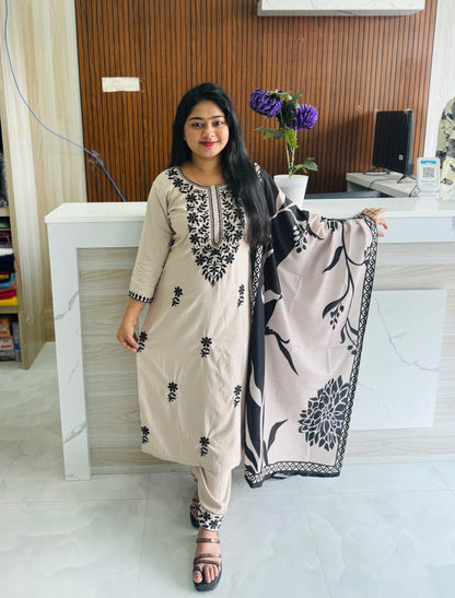 Beige & Black Combo Chikankari 3ps set A1928