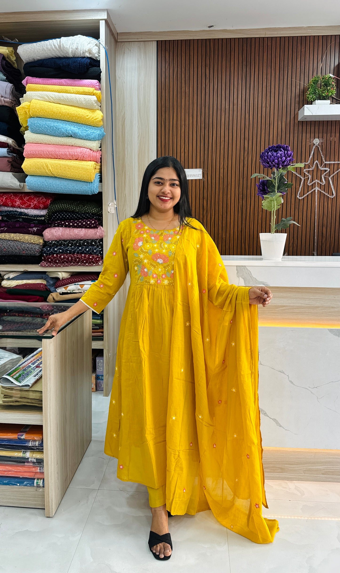 Mustard yellow & Sky Blue Mul Cotton Embroidered 3-Piece Set