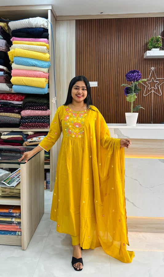 Mustard yellow & Sky Blue Mul Cotton Embroidered 3-Piece Set