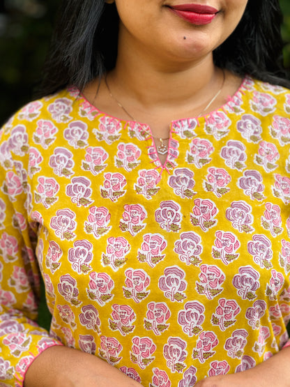 Cotton Handblock 3-Piece Salwar Set – Yellow & White - A1375