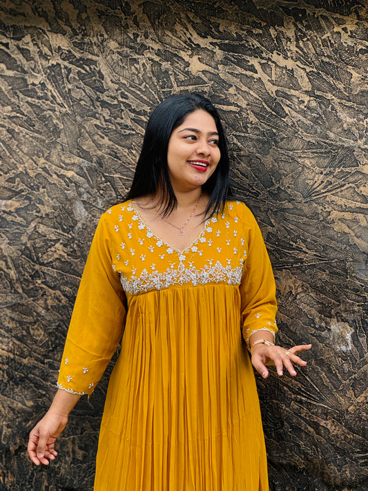 Premium Georgette Elegance ✨ Stunning mustard yellow and teal green - A1487