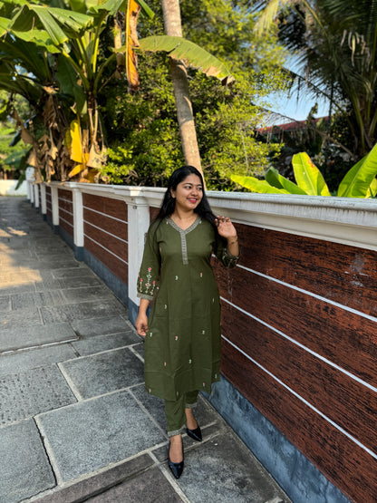 Beautiful Dark Olive Cotton 2 piece Co-ord Set-A1325