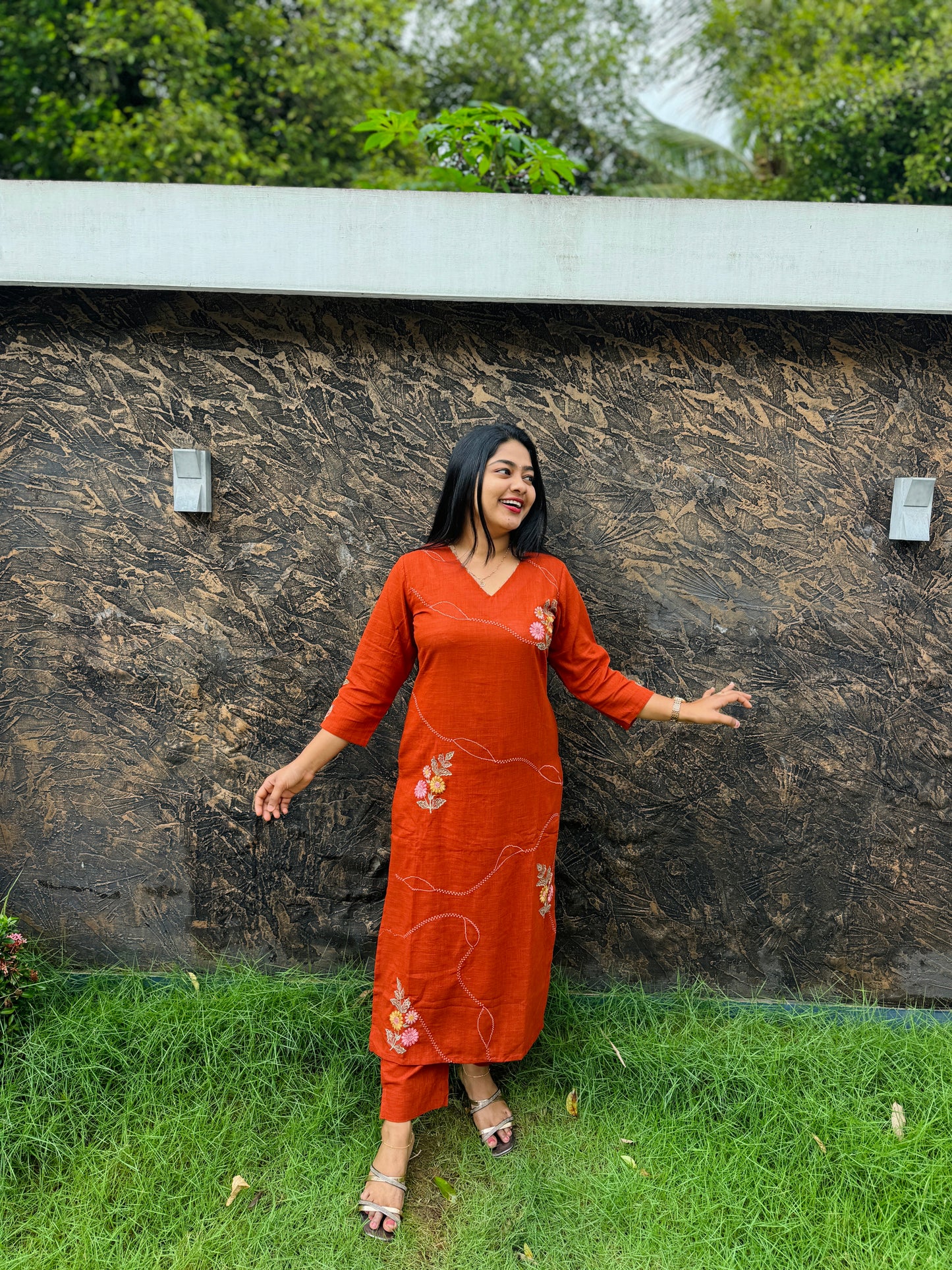 Brick Red & Parrot Green Cordset Crafted in breathable khadi cotton-A1489