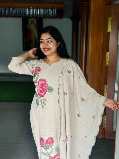 Elegant Beige & Olive Green Chanderi 3-Piece Set ✨A1993