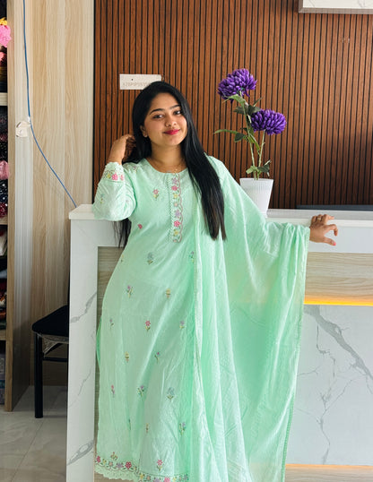 Premium Mul Mul Cotton 3 Piece ( Mint Green & Yellow ) A1662