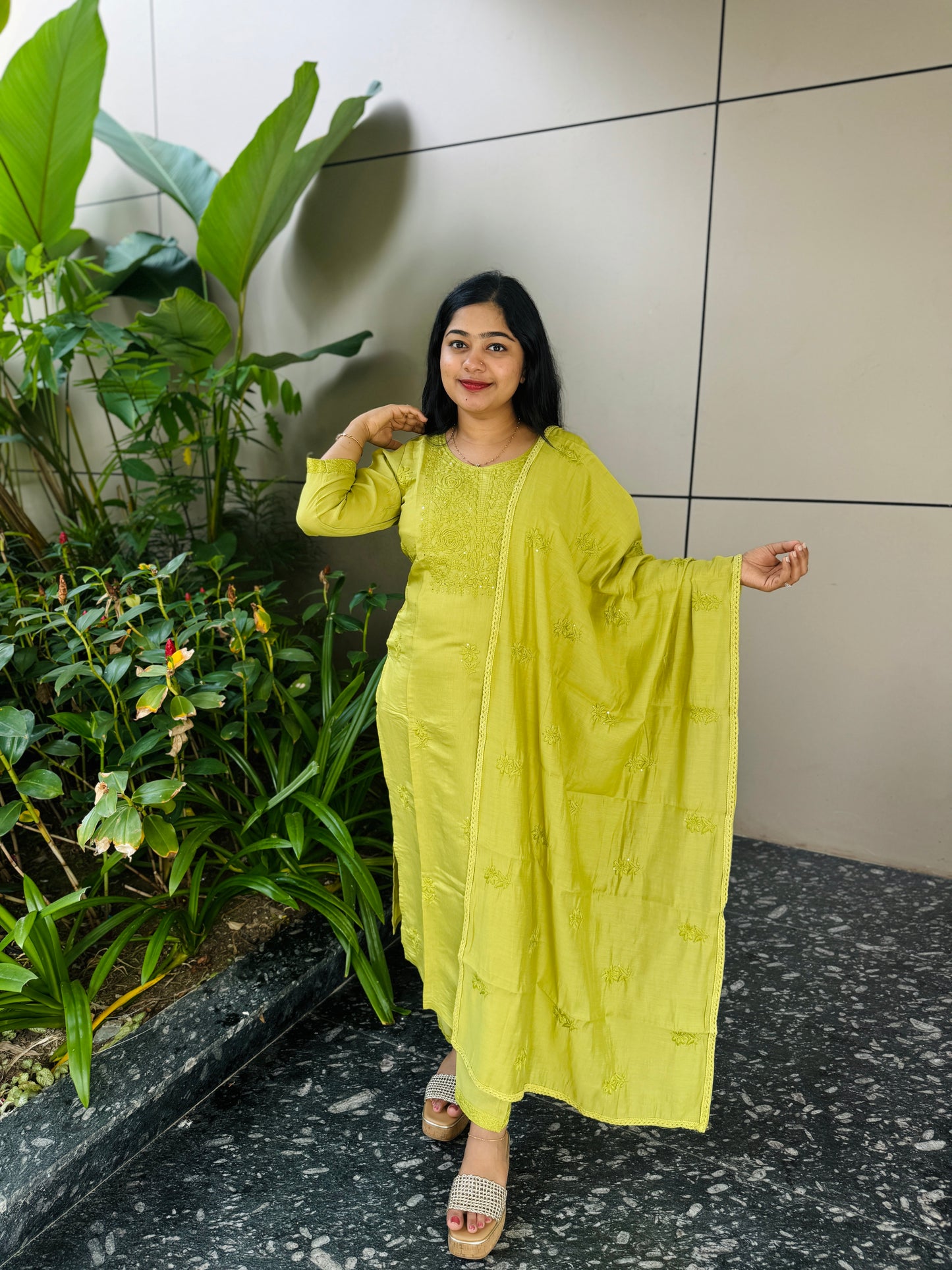 Premium Chikankari 3-Piece Set | Lemon Green A1986