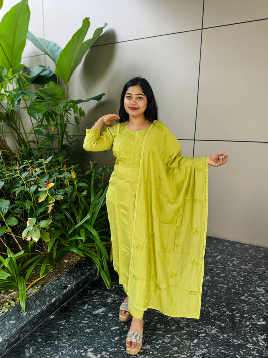 Premium Chikankari 3-Piece Set | Lemon Green A1986