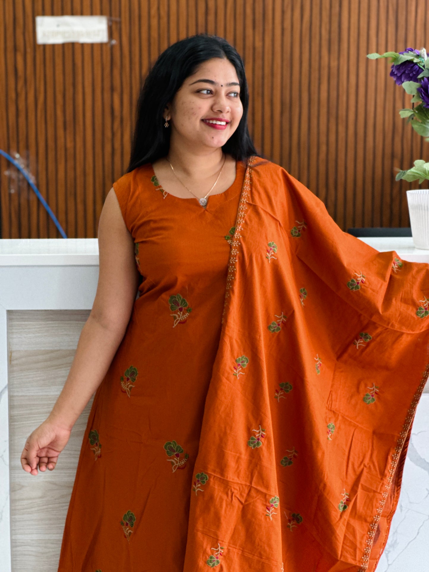 Brick Orange & Olive green elegance in Silk Cotton A1779