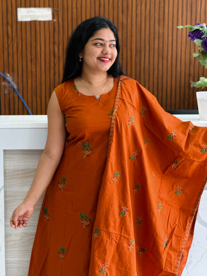 Brick Orange & Olive green elegance in Silk Cotton A1779