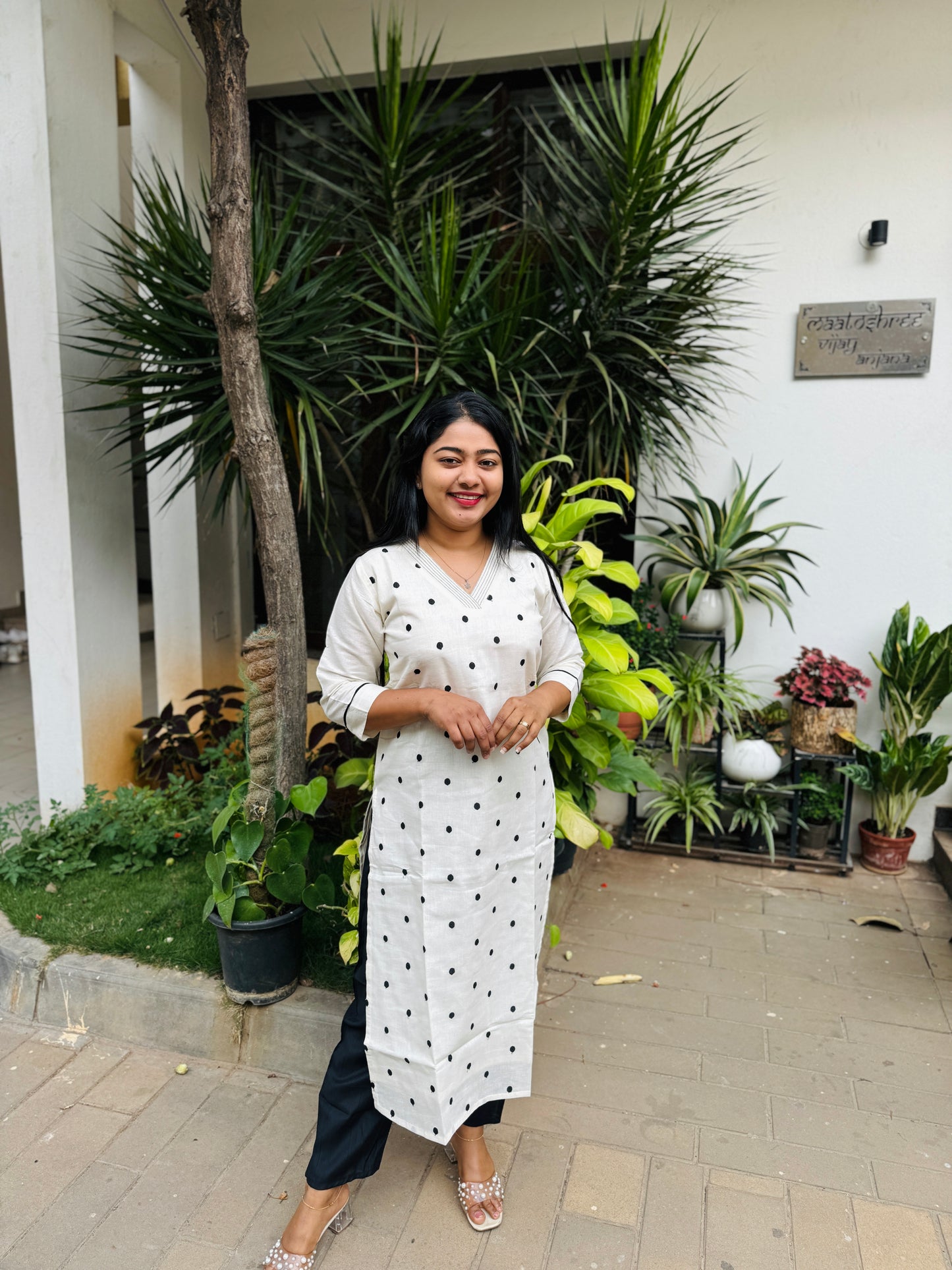 Off white Jute Cotton Kurta Top with Black polka dots-A1314