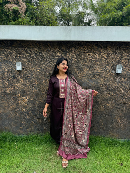 Khajji Modal Silk Suit with Ajrakh Print Dupatta - A1442
