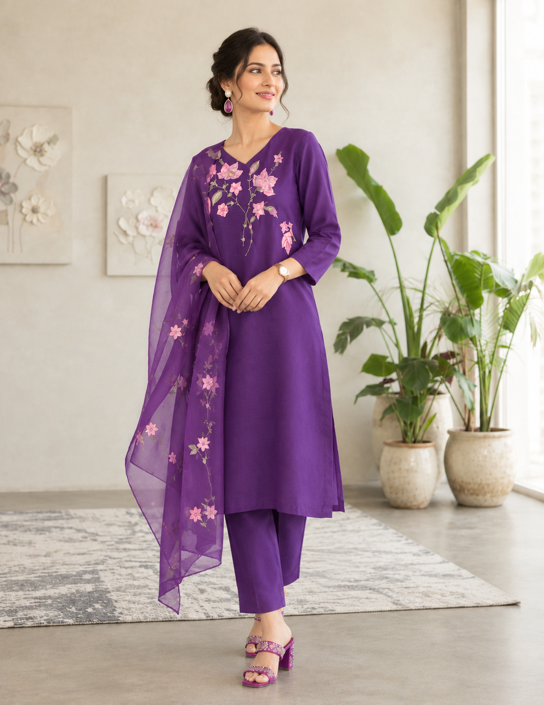 Pink and Lavender Chanderi Silk 3-Piece Set A1492