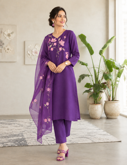 Pink and Lavender Chanderi Silk 3-Piece Set A1492