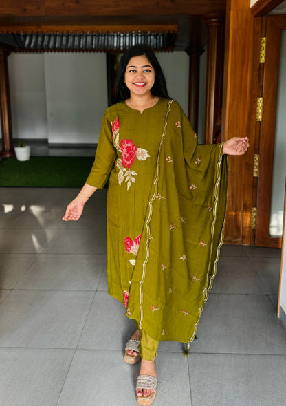 Elegant Beige & Olive Green Chanderi 3-Piece Set ✨A1993