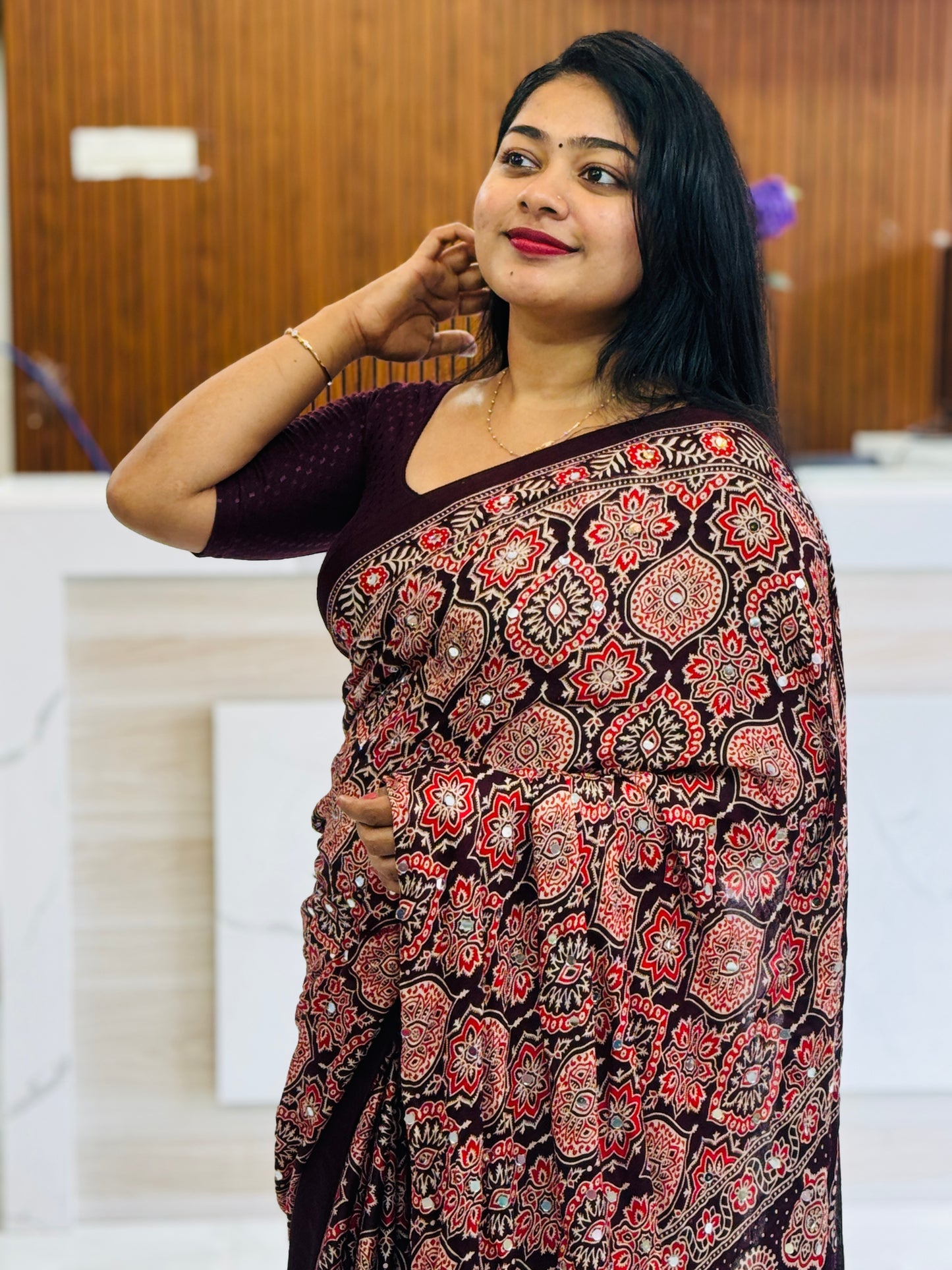 Premium Maroon Ajrak Mirror Work Saree♥️ A1924