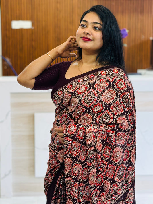 Premium Maroon Ajrak Mirror Work Saree A1924