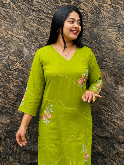 Brick Red & Parrot Green Cordset Crafted in breathable khadi cotton-A1489