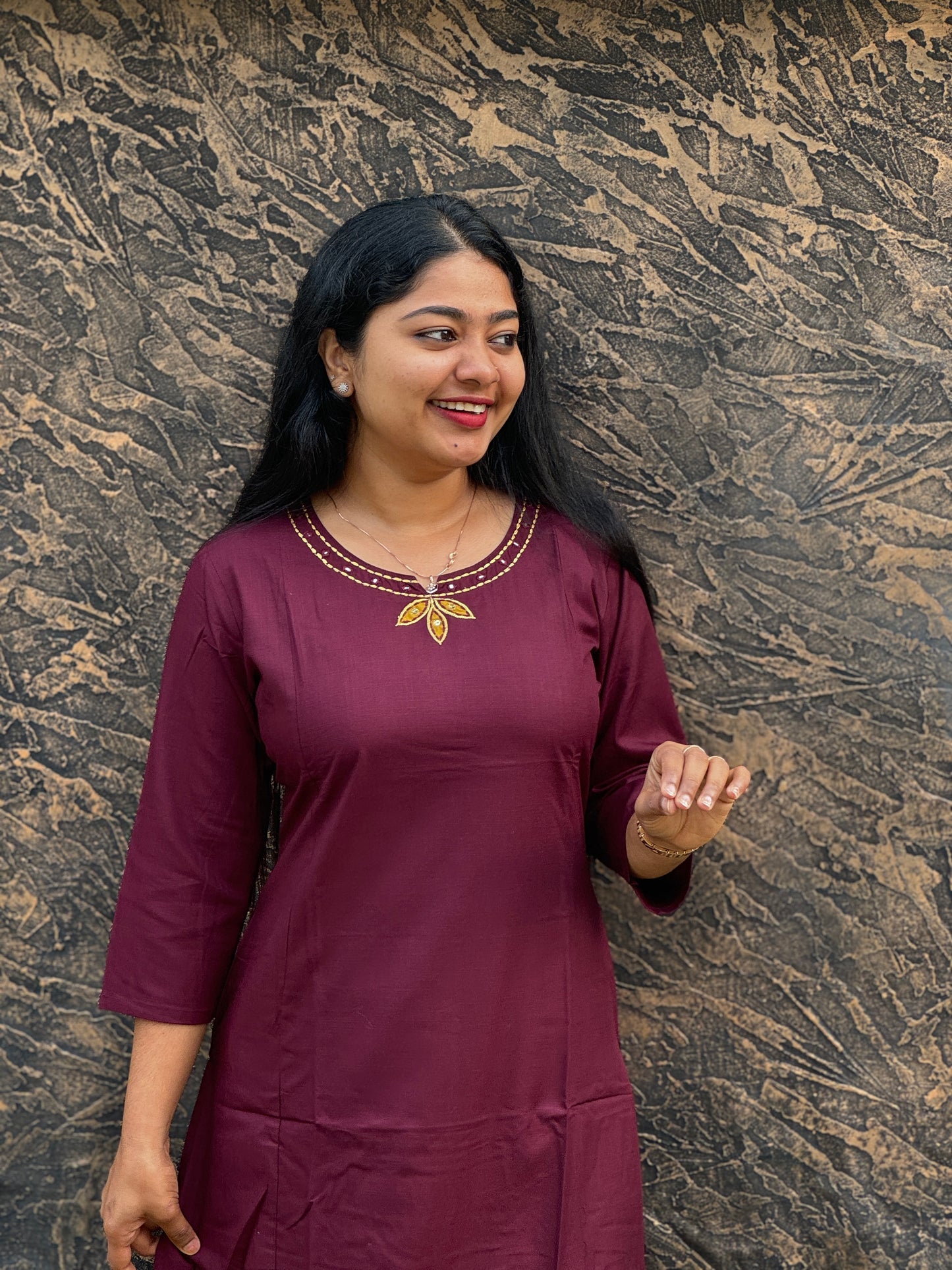 Elegant Wine Semi-Modal Silk Kurti – Applique & Kantha Work - A1385