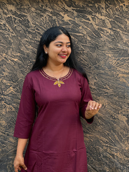 Elegant Wine Semi-Modal Silk Kurti – Applique & Kantha Work - A1385