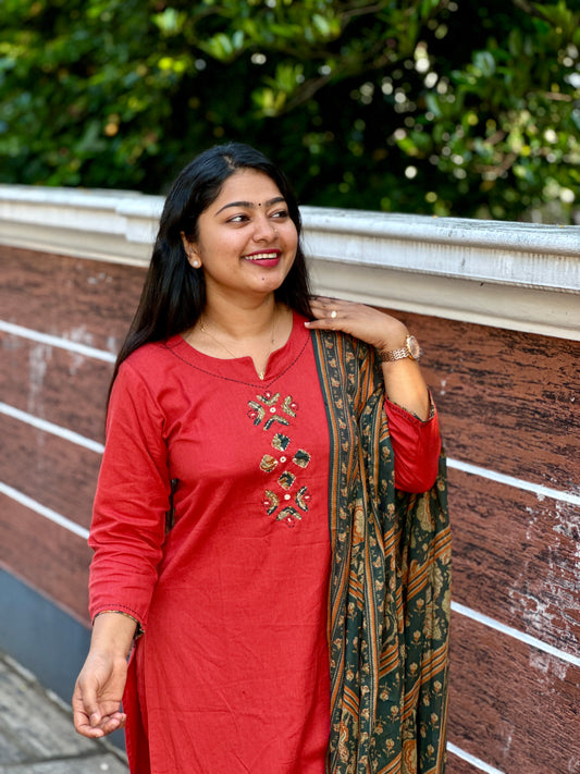 Rust Colour Khadi Cotton Slitted 2 piece Kurti with Applique Work - A1322