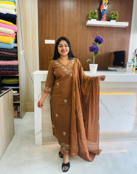 Premium Mul Mul Cotton 3 Piece Set in Brown Color A1661