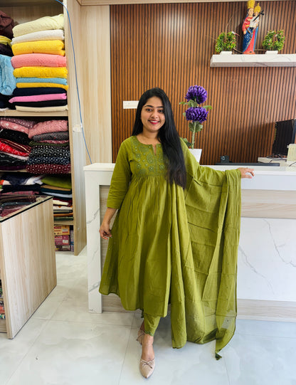 Olive green & Brown Chikankari 3 piece Salwar A1604