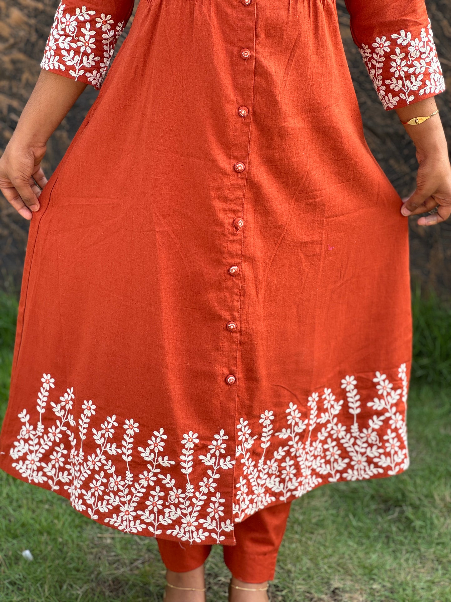 Elegant Brick Red Khadi Cotton Cord Set with Intricate Thread Work - A1396