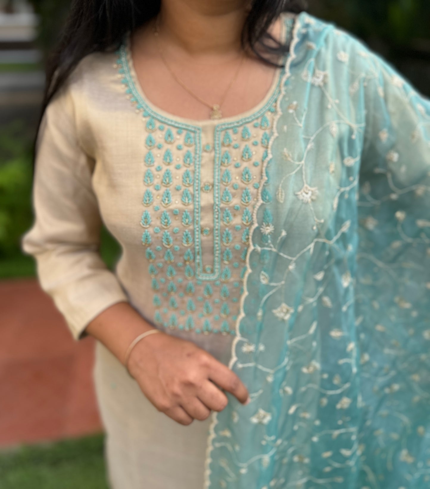 Tissue Silk 3 Piece Salwar Suit with intricate thread work- A1320