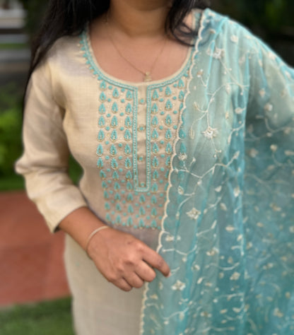 Tissue Silk 3 Piece Salwar Suit with intricate thread work- A1320