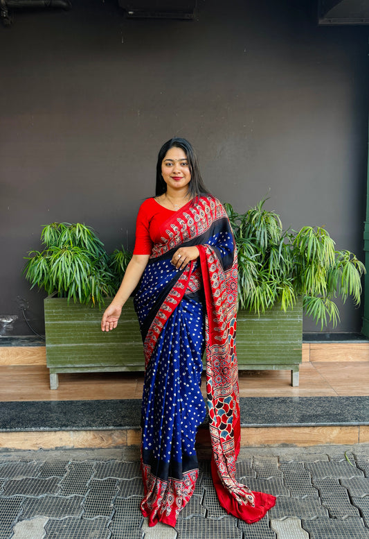Premium Bandhani Modal Silk Saree with Ajrakh Pallu