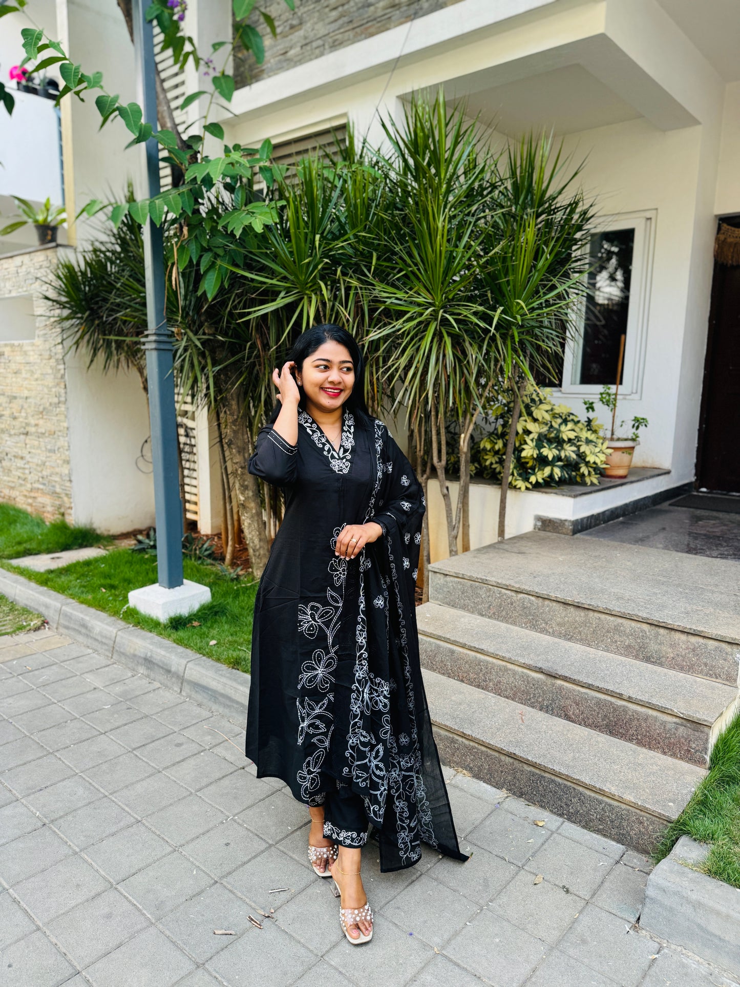 Black Soft cotton 3 Piece Salwar Suit with intricate thread work- A1311