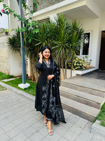 Black Soft cotton 3 Piece Salwar Suit with intricate thread work- A1311
