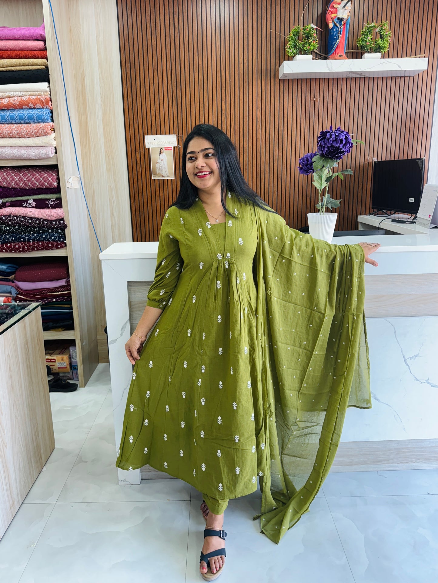 Pure cotton 3 piece salwar set Olive green & Orange A1735