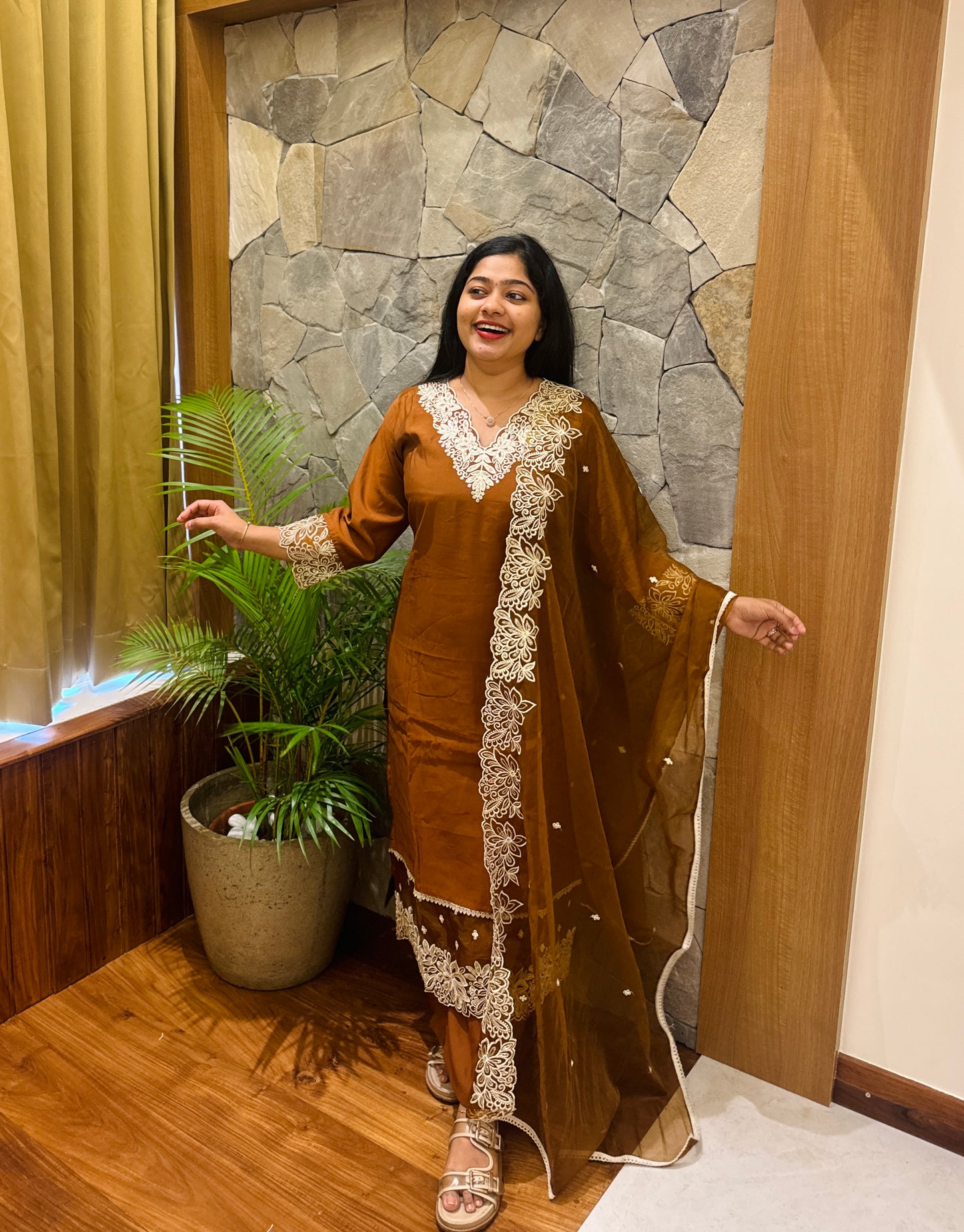 Bottle Green Chanderi Silk 3-Piece Set A1950
