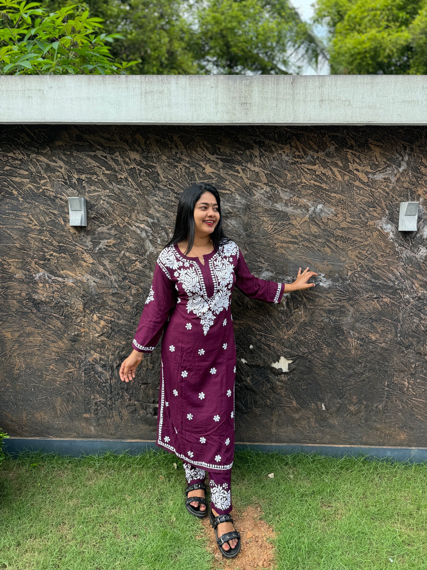 Skyblue & Wine Chikankari Cordset