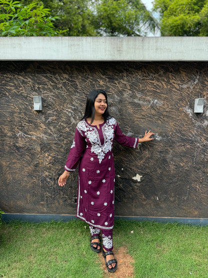 Skyblue & Wine Chikankari Cordset