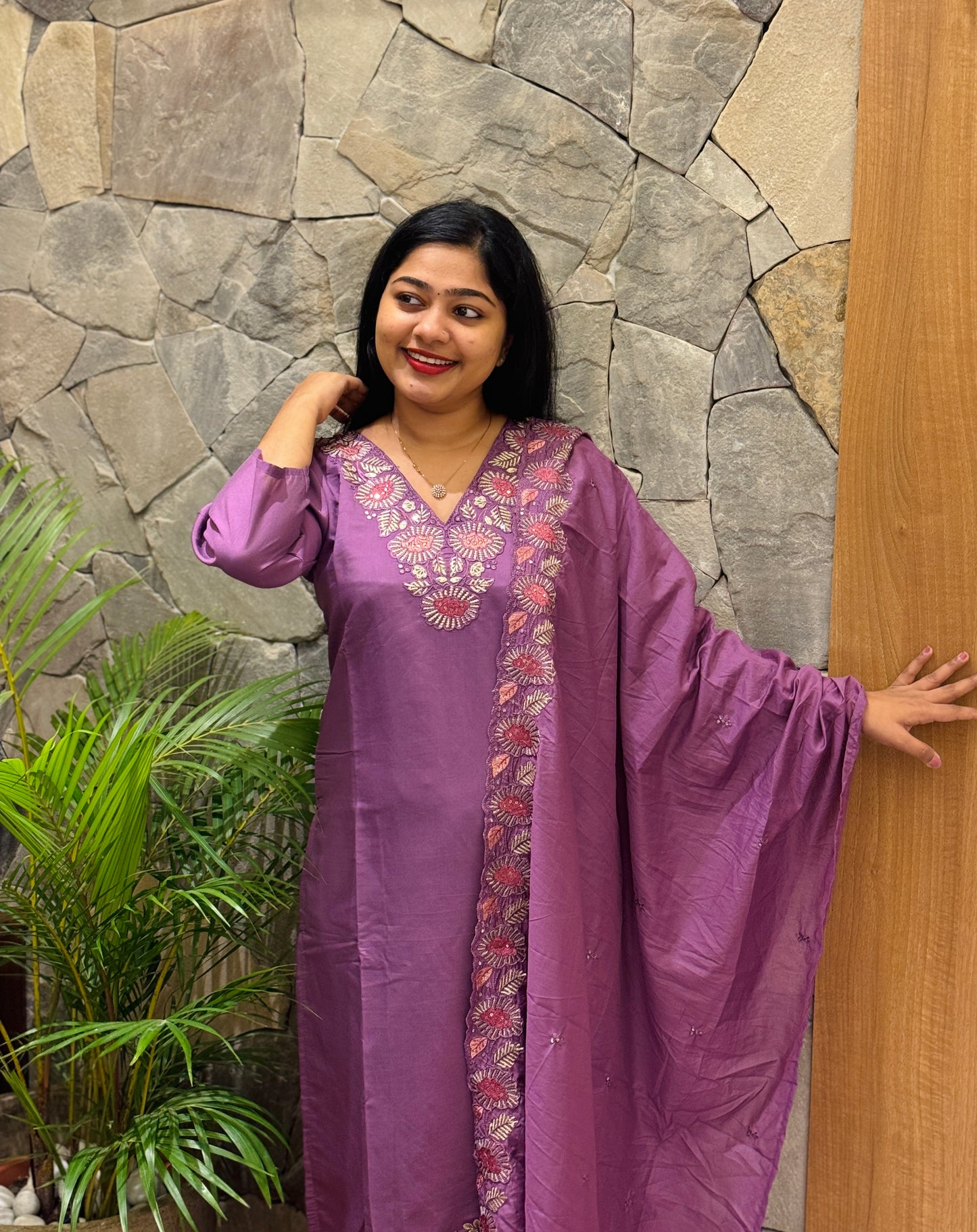 Purple & Green Chanderi Silk 3-Piece Set A1943