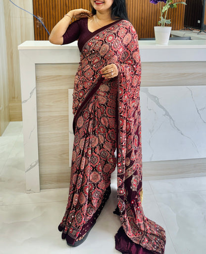 Premium Maroon Ajrak Mirror Work Saree♥️ A1924