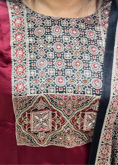 Maroon Modal Silk Set with Ajrak Dupatta – A1316