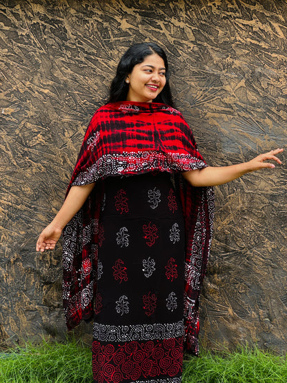 Back by popular demand – our black and red unstitched salwar set in beautiful batik print- A1224